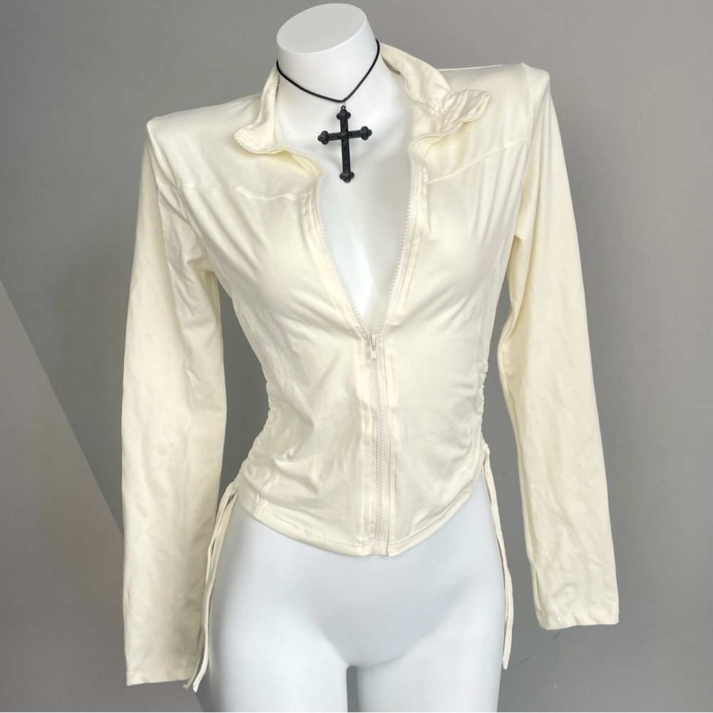 Cream Long Sleeve Slim Fit Zip-Up Top